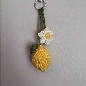 Handmade Crocheted Lemon Keychain with Flower